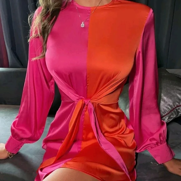 Dresses | Hot Pink Satin Dress Two Tone | Poshmark